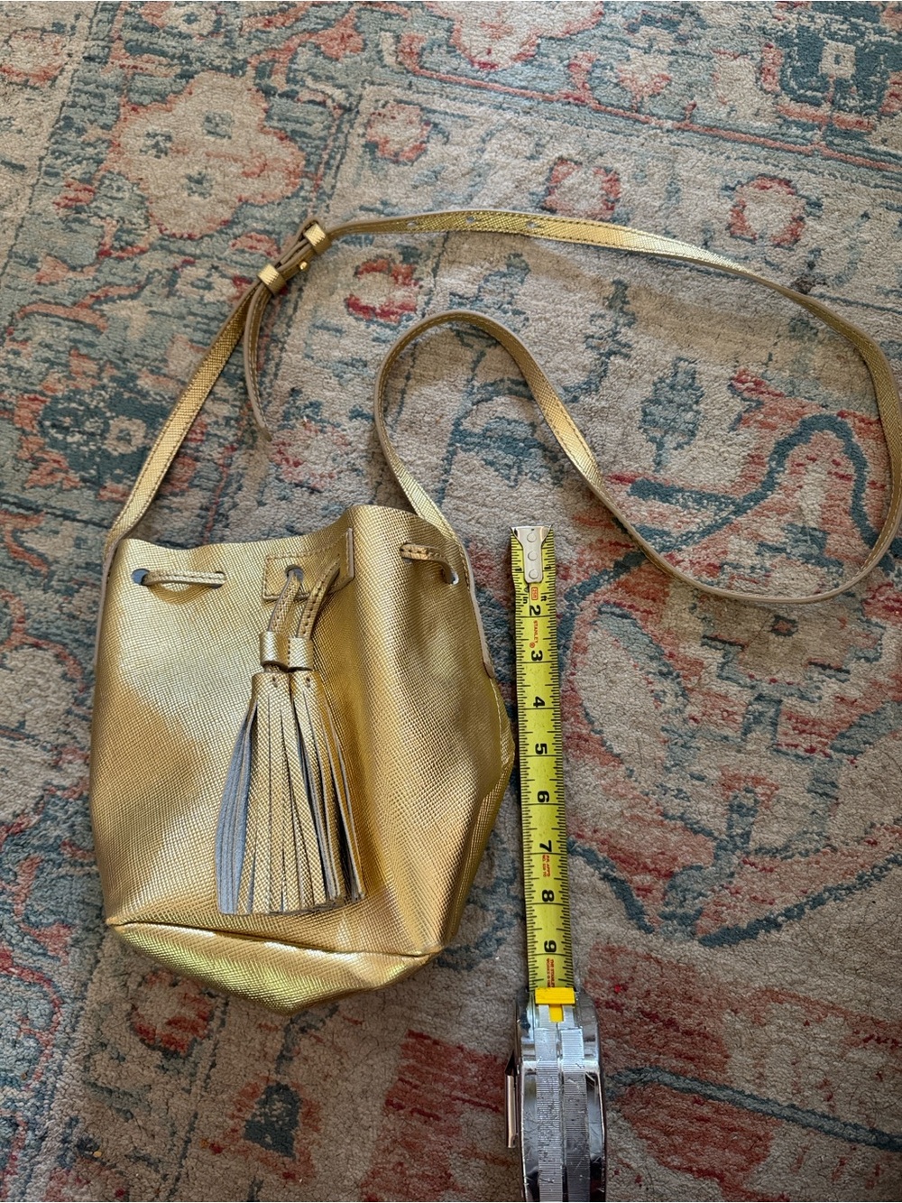 J. CREW Metallic Gold Leather Tassel Bucket Bag - Picture 2 of 7